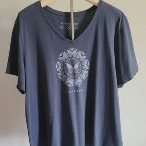 Life is Good Womens Crusher XXXL Butterfly Medallion Blue V-Neck Tee Shirt